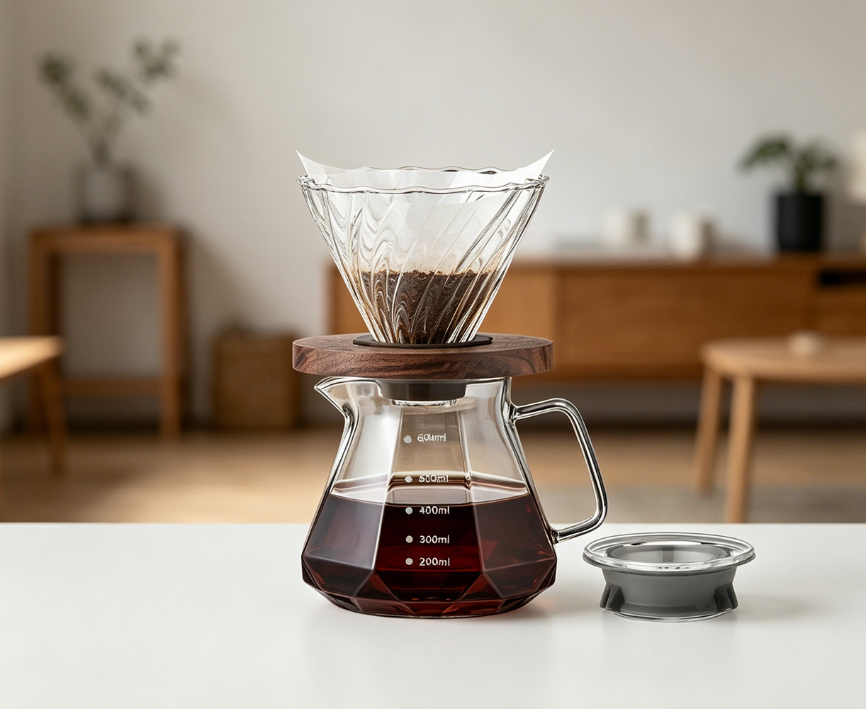 BeeCa Transparent Glass Pour Over Set - Diamond-Like Exterior Borosilicate Glass Carafe with Walnut Handle