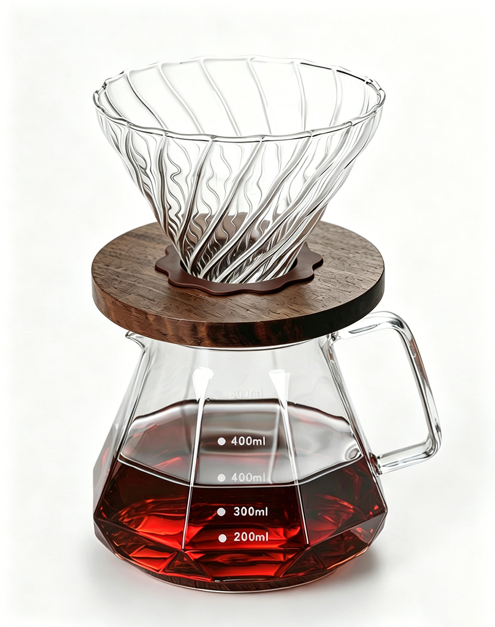 BeeCa Transparent Glass Pour Over Set - Diamond-Like Exterior V-Shape Glass Coffee Dripper