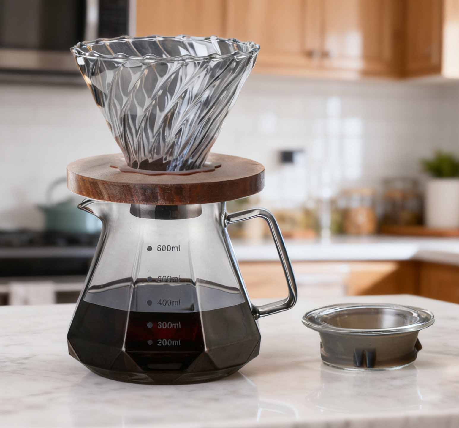 BeeCa Smoked Glass Pour Over Set - Diamond-Like Exterior Side View with Handle