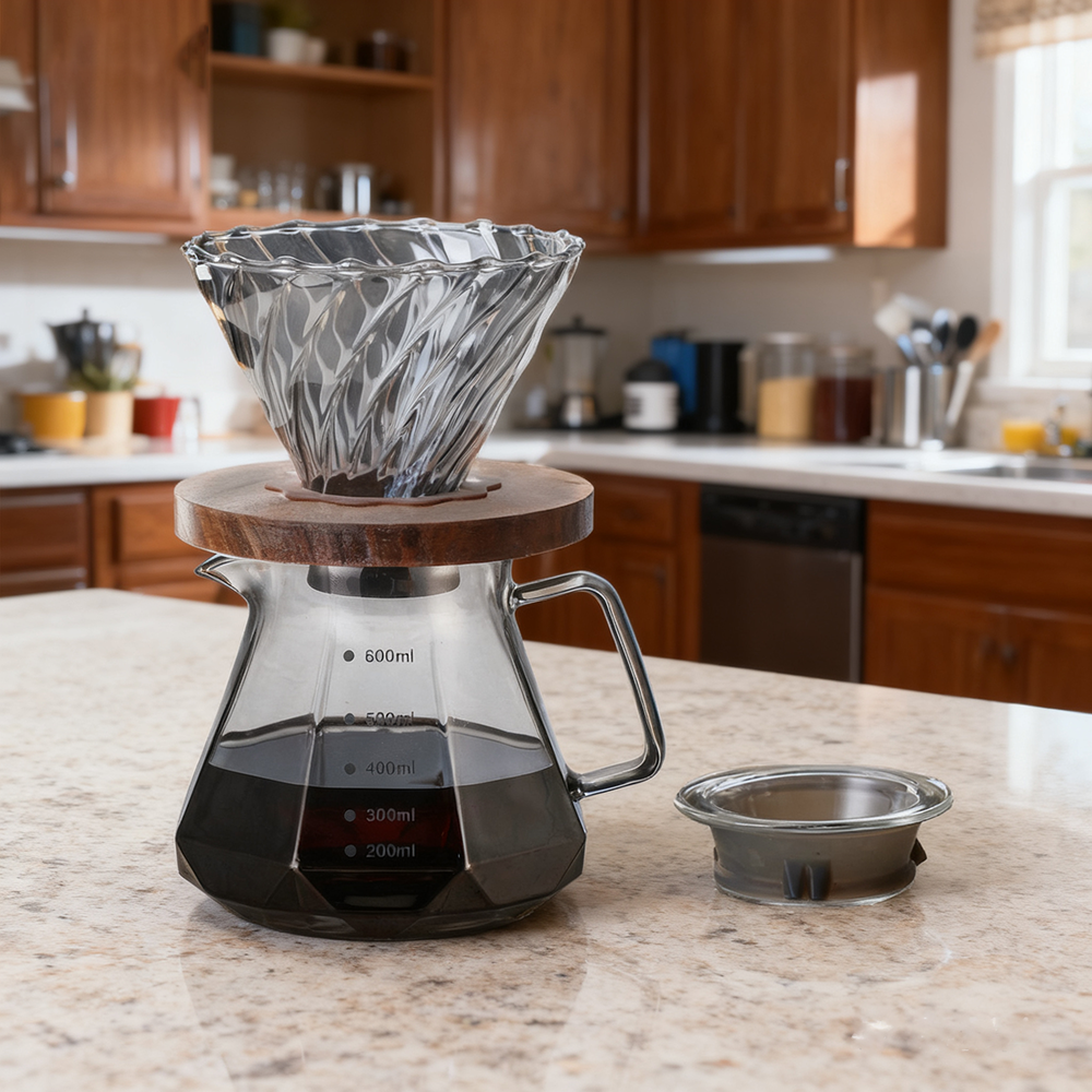 BeeCa Smoked Glass Pour Over Set - Diamond-Like Exterior Side View with Handle