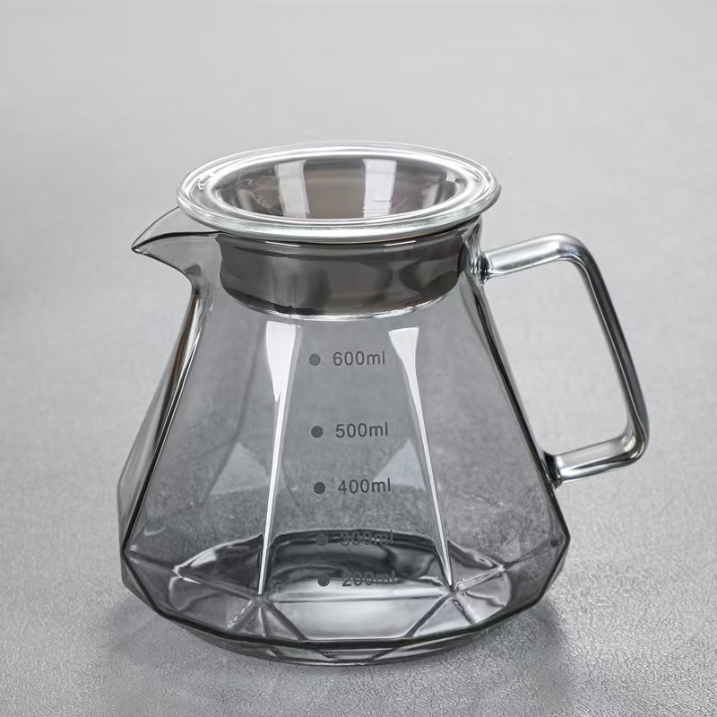 BeeCa Smoked Glass Pour Over Set - Diamond-Like Exterior Borosilicate Glass Carafe with Walnut Handle