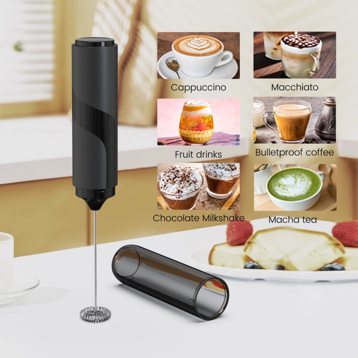 BeeCa Handheld Milk Frother with Cover - Side View