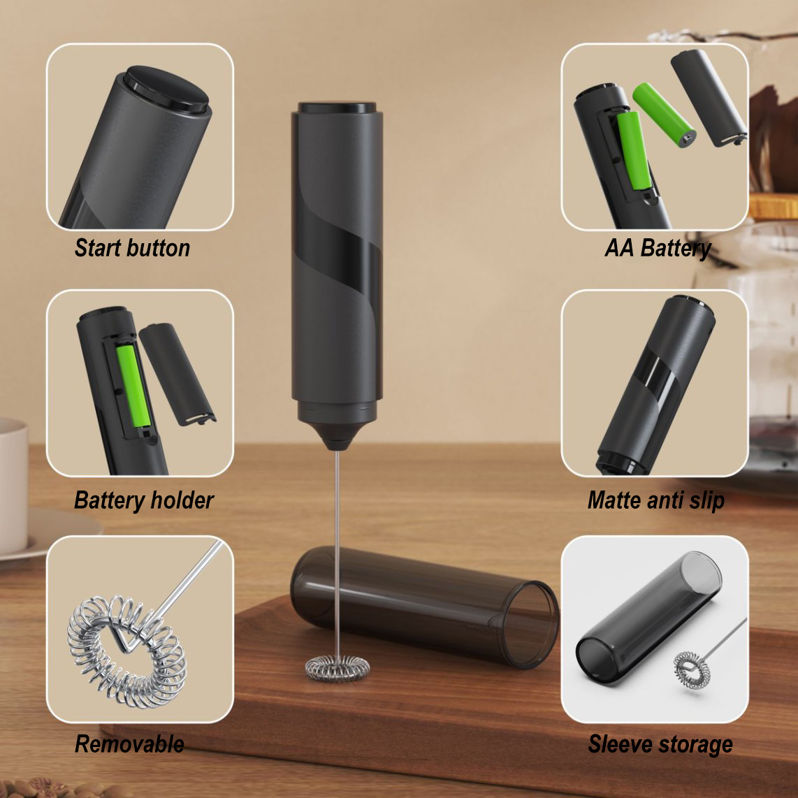 BeeCa Handheld Milk Frother with Cover - Stainless Steel Whisk